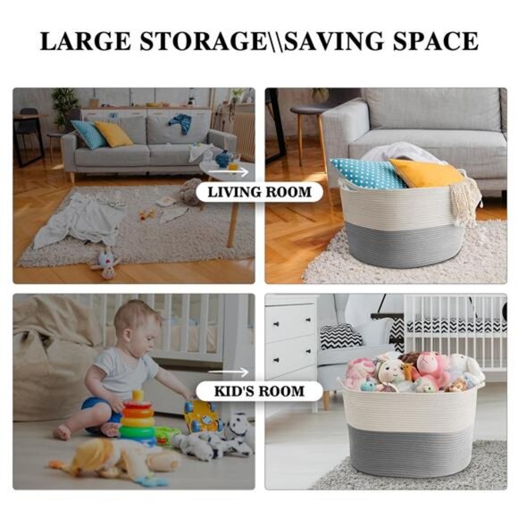 Blanket Basket Living Room - 22" x 22" x 14" Cotton Rope Baskets for Storage - Picture 4 of 7